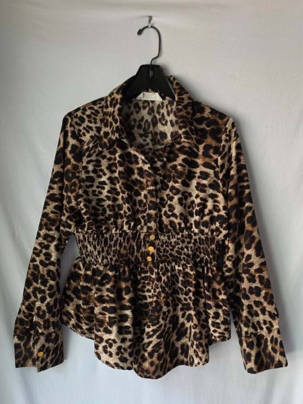 Leopard Print Button-Front Smocked Waist Blouse - Brown